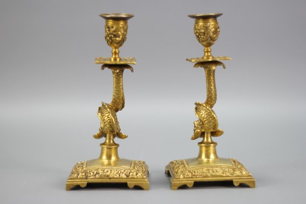 French Bronze Candlesticks with Dolphin Figures, Set of 2-KEG-1321667