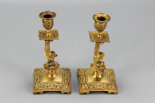 French Bronze Candlesticks with Dolphin Figures, Set of 2-KEG-1321667