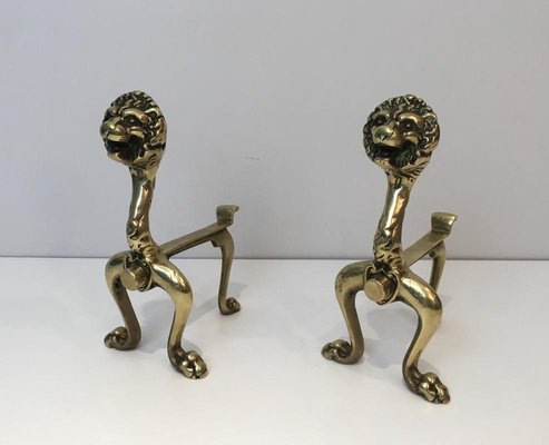 French Bronze Lion Andirons, 1900s, Set of 2-BA-658279