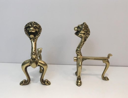 French Bronze Lion Andirons, 1900s, Set of 2-BA-658279