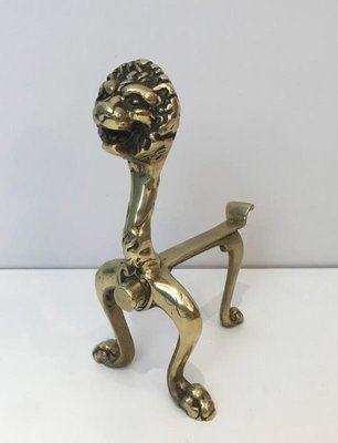 French Bronze Lion Andirons, 1900s, Set of 2-BA-658279