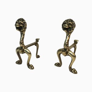 French Bronze Lion Andirons, 1900s, Set of 2-BA-658279