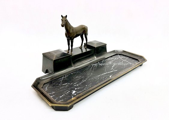 French Bronze & Marble Horse Desk Set with Inkwells, 1900s-ZCY-1737435