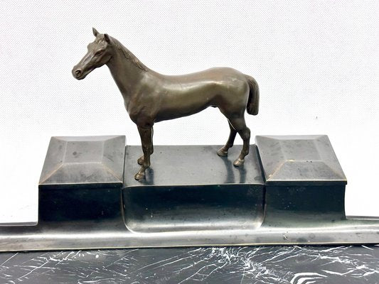 French Bronze & Marble Horse Desk Set with Inkwells, 1900s-ZCY-1737435