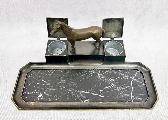 French Bronze & Marble Horse Desk Set with Inkwells, 1900s-ZCY-1737435