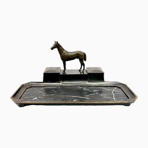 French Bronze & Marble Horse Desk Set with Inkwells, 1900s-ZCY-1737435