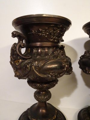 French Bronze & Patinated Cast Iron Medici Vases on Marble Bases, 19th Century, Set of 2-AWL-1317127