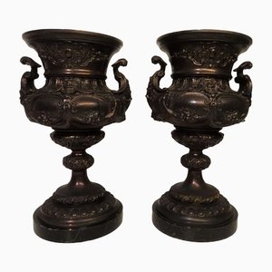 French Bronze & Patinated Cast Iron Medici Vases on Marble Bases, 19th Century, Set of 2-AWL-1317127