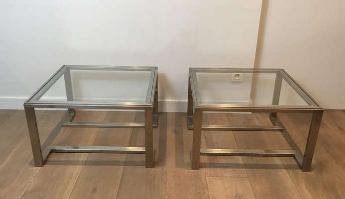 French Brushed Steel Side Tables, 1970s, Set of 2-BA-658281