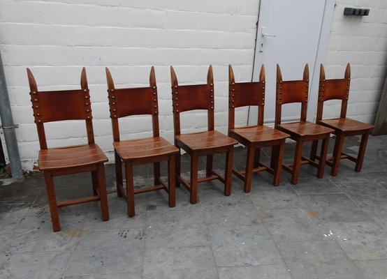 French Brutalist Oak and Leather Horn Form Chairs, 1970s, Set of 6-AWL-1702301