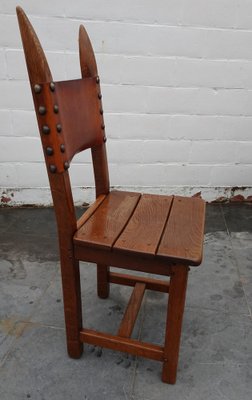 French Brutalist Oak and Leather Horn Form Chairs, 1970s, Set of 6-AWL-1702301