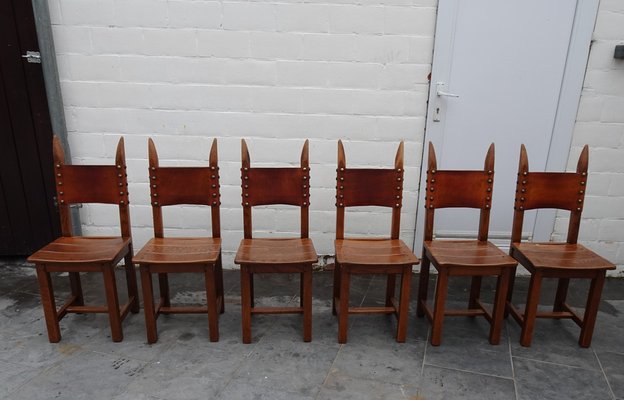 French Brutalist Oak and Leather Horn Form Chairs, 1970s, Set of 6-AWL-1702301