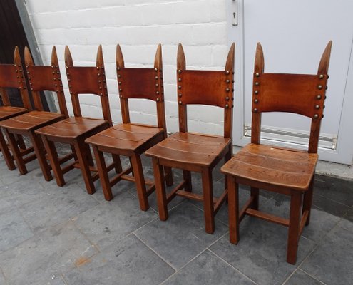 French Brutalist Oak and Leather Horn Form Chairs, 1970s, Set of 6-AWL-1702301