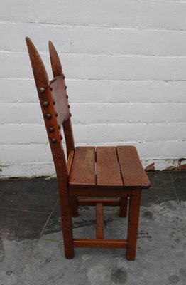 French Brutalist Oak and Leather Horn Form Chairs, 1970s, Set of 6-AWL-1702301