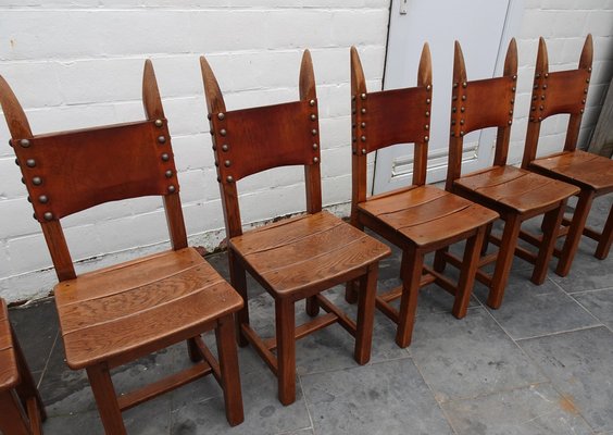 French Brutalist Oak and Leather Horn Form Chairs, 1970s, Set of 6-AWL-1702301