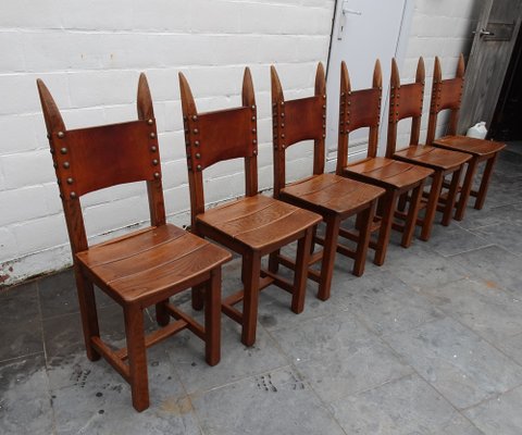 French Brutalist Oak and Leather Horn Form Chairs, 1970s, Set of 6-AWL-1702301