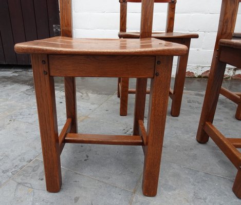 French Brutalist Oak and Leather Horn Form Chairs, 1970s, Set of 6-AWL-1702301