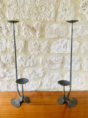 French Brutalist Style Two-Arm Iron Candlesticks, Set of 2-OJT-1801377