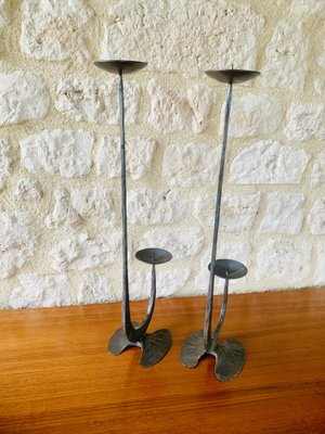 French Brutalist Style Two-Arm Iron Candlesticks, Set of 2-OJT-1801377