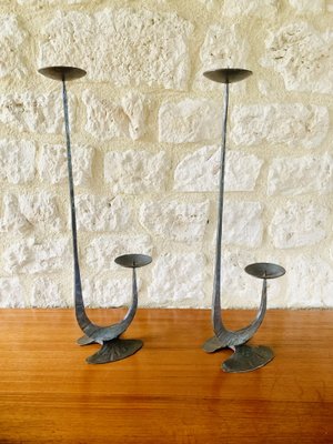 French Brutalist Style Two-Arm Iron Candlesticks, Set of 2-OJT-1801377