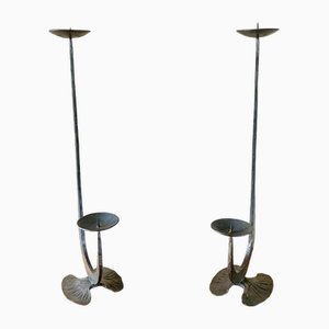 French Brutalist Style Two-Arm Iron Candlesticks, Set of 2-OJT-1801377