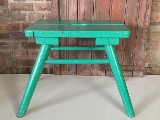 French Brutalist Wooden Stool in Green Paint, 1950s-WZZ-1442270