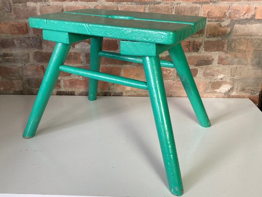 French Brutalist Wooden Stool in Green Paint, 1950s-WZZ-1442270