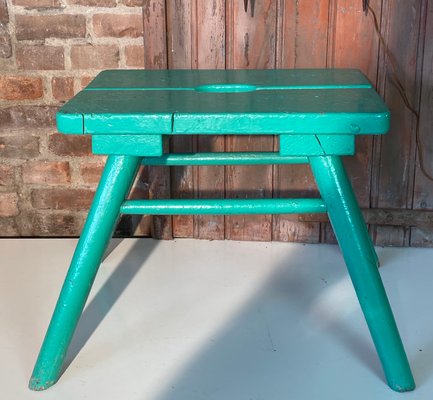 French Brutalist Wooden Stool in Green Paint, 1950s-WZZ-1442270