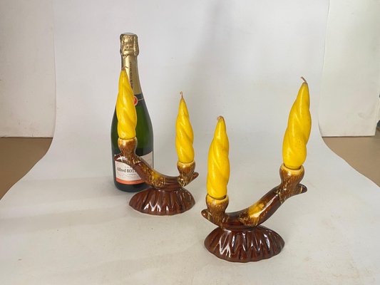 French Candleholder Ceramic with Yellow Candles, France, 1970s, Set of 4-UR-1724387