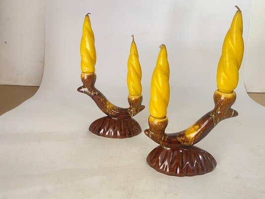 French Candleholder Ceramic with Yellow Candles, France, 1970s, Set of 4-UR-1724387