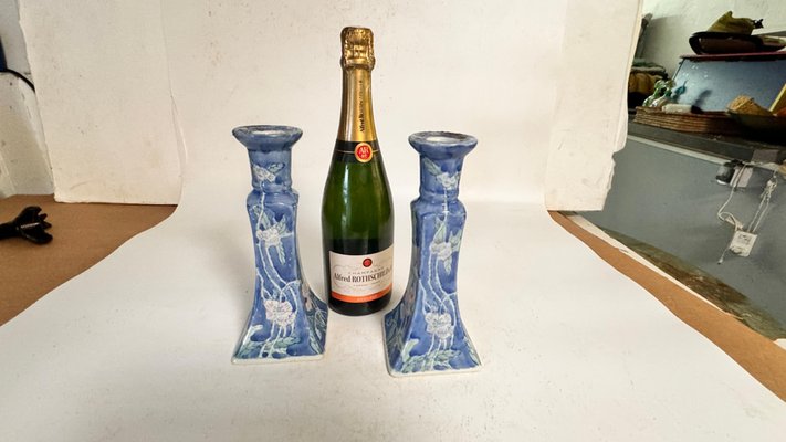 French Candleholder in Blue Ceramic, France, 1970s, Set of 2-UR-2035093