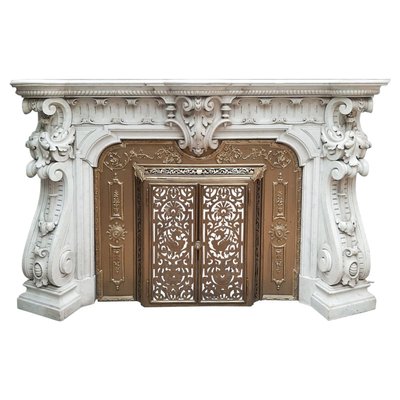 French Carved Marble Fireplace with Original Brass Insert, 1880-TDA-1376465