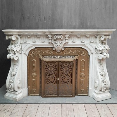 French Carved Marble Fireplace with Original Brass Insert, 1880-TDA-1376465