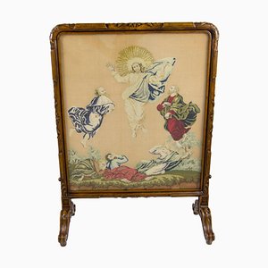 French Carved Walnut Fire Screen with Needlepoint Panel-KEG-1086642