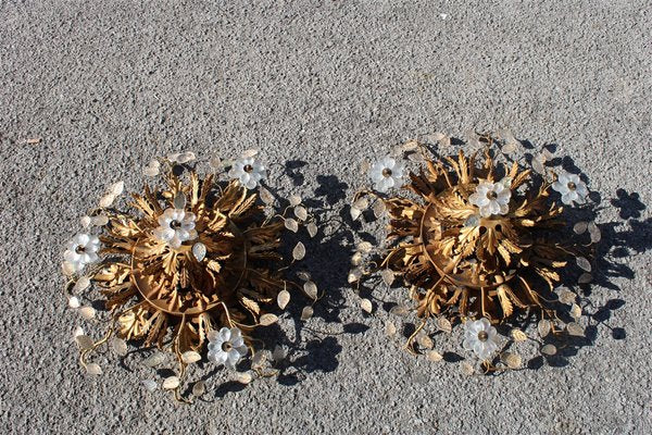 French Ceiling Lights in Floral Golden Metal and Crystals, 1950s, Set of 2-EH-1150949