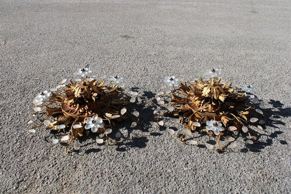 French Ceiling Lights in Floral Golden Metal and Crystals, 1950s, Set of 2-EH-1150949