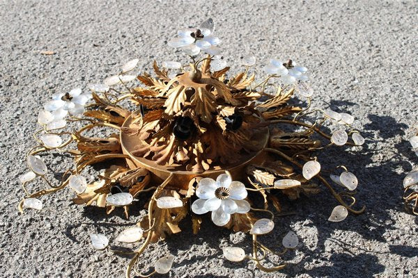 French Ceiling Lights in Floral Golden Metal and Crystals, 1950s, Set of 2-EH-1150949