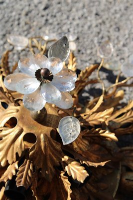 French Ceiling Lights in Floral Golden Metal and Crystals, 1950s, Set of 2-EH-1150949