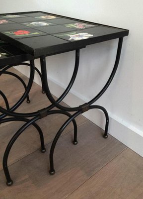 French Ceramic and Black Iron Nesting Tables, 1950s-BA-658622