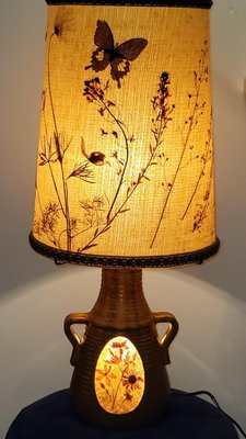 French Ceramic Lamp in Resin Plate with Herbarium and Butterfly Lampshade by Pelletier for Accolay, 1970s-QCI-1737235