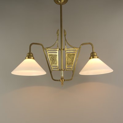 French Chandelier in Brass with Opal Glass Shade, 1890s-KDB-1765570