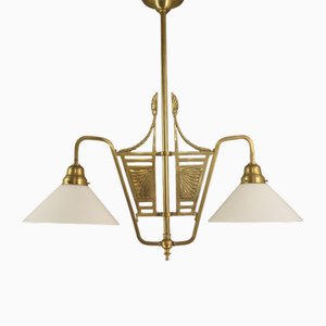 French Chandelier in Brass with Opal Glass Shade, 1890s-KDB-1765570