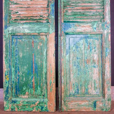 French Chateau Brocante Turquoise Wooden Shutters, 1920s, Set of 2-IA-723292