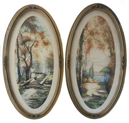 French Chateau Landscape Lithographs, 1920s, Set of 2-ARU-778299