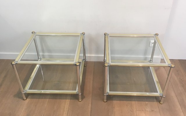 French Chrome, Gilt and Silver Métal Side Tables, 1970s, Set of 2-BA-2027654