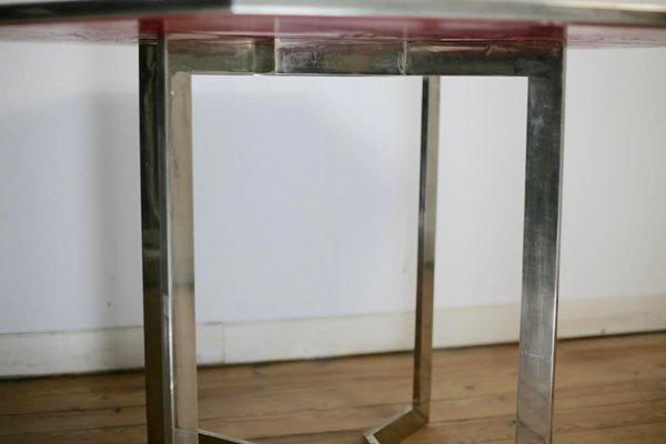 French Chrome Steel and Glass Dining Table, 1970s-MAO-561061