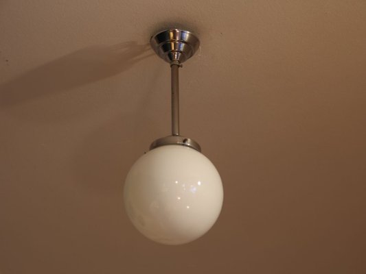 French Chromed Metal and Opaline Glass Pendant Lamp, 1940s-SY-840902