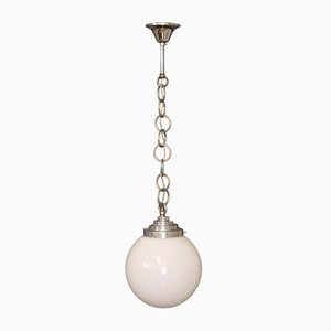 French Chromed Metal and Opaline Glass Pendant Lamp, 1940s-SY-1005406