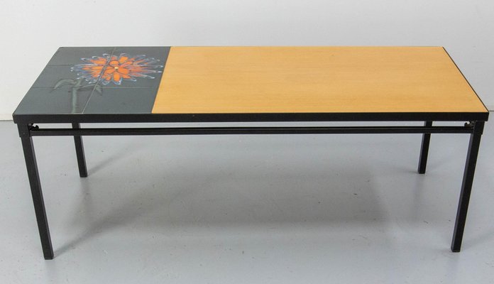 French Coffee Table in Glazed Vallauris Ceramic, Poplar and Iron, 1970s-RIU-1800664