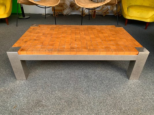 French Coffee Table with Wooden Cube and Metal Chrome, 1970s-FUE-823200